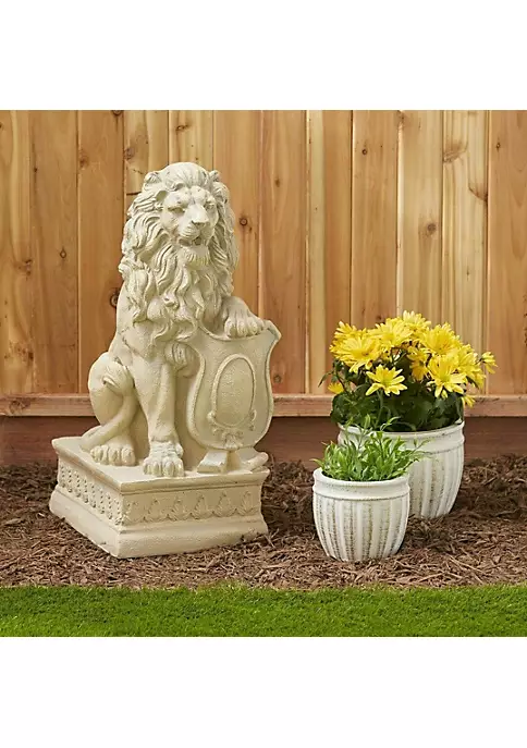 Summerfield Terrace Lion with Shield Garden Statue - Ivory 3 Summerfield Terrace Lion with Shield Garden Statue - Ivory - Image 2